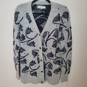 Loft Cozy Sweater Cardigan Gray Navy Floral Size Medium